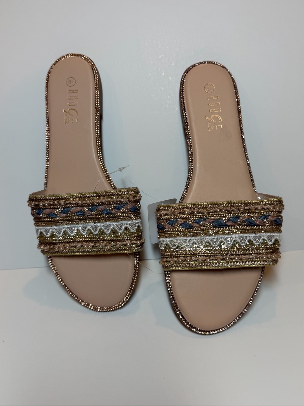 Rouge! Gold Braided & Embroidered Slide Sandals - Nude